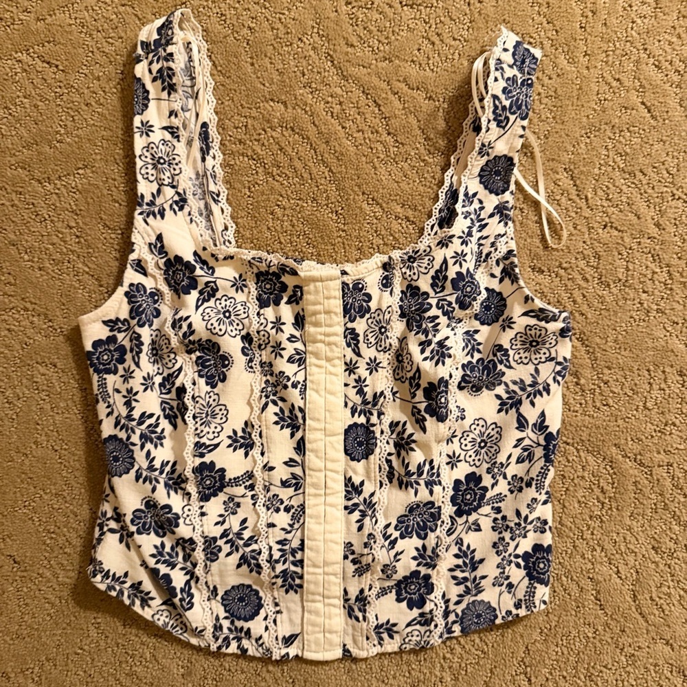 Floral Blue and Cream Women's Crop Top